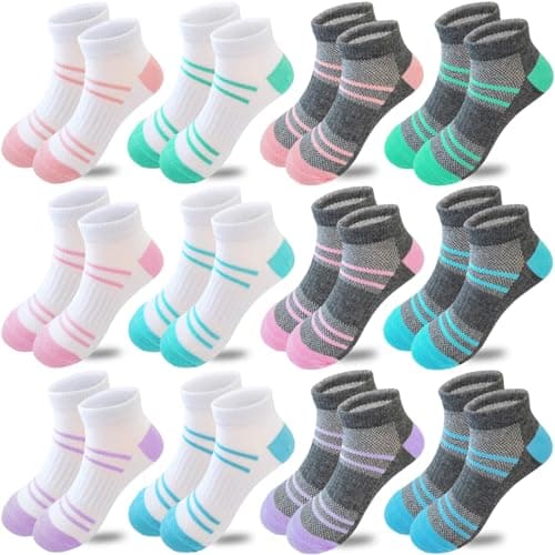 Bemeol 12 Pairs Girls Socks Kids Low Cut Ankle Athletic Socks Cotton Sports Sock(5-7 Years)