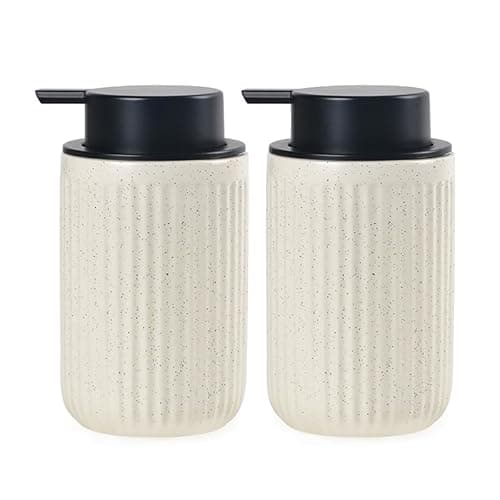 BosilunLife Beige Soap Dispenser Set - 2 Pack 12oz Ceramic Dish Soap Dispenser with Rust Proof Pump for Kitchen, Hand Soap and Lotion Set Suitable for Farmhouse Bathroom Decor