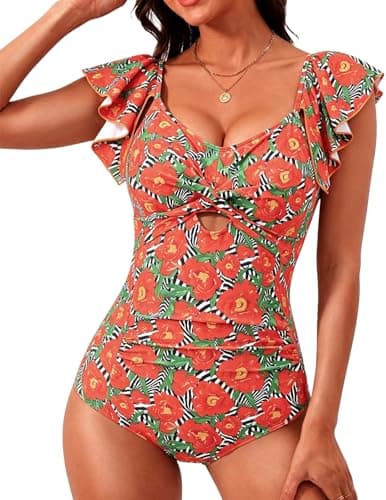VIAURBE Women's One Piece Swimsuit Ruffle Slimming Tummy Control Bathing Suit High Waist 1 Piece Swimwear Red Flower S