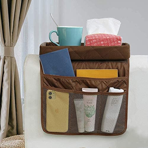 MDSTOP Couch Cup Holder Tray with Detachable Tray, Flodable Anti-Slip Sofa Armrest Tray Tables, Chair Couch Armrest Organizer Caddy for Snacks Remote Storage (Coffee1, 32" × 13")