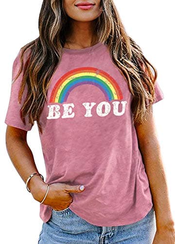Rainbow Shirt Women Pride Shirt Rainbow Graphic Tees Shirts Letter Print Casual Short Sleeve Tops