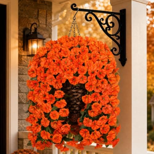 HyeFlora Artificial Fake Hanging Flowers Plants Baskets for Outdoor Decoration, Faux Silk Orange Morning Glory in Planter UV Resistant Look Real for Home Porch Patio Balcony Yard Decor