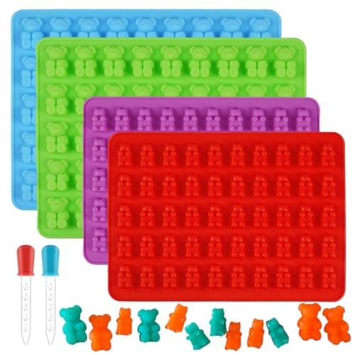 Two Different Sizes Gummy Bear Candy Molds, Set of 4 Non-Stick Silicone Candy Chocolate Gummy Molds with 2 Droppers