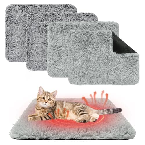 KOOLTAIL Self Warming Cat Bed, 4 Pack 18*24in Plush Extra Warm Self Heating Pet Pad for Crate, Floor, Indoor Outdoor, Non-Slip Upgraded Thermal Foil Puppy Kitten Mat with Removable Washable Cover,Grey
