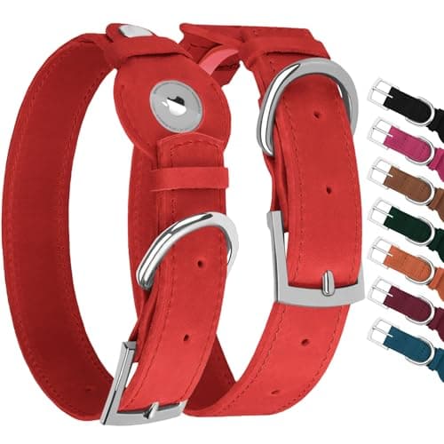 Leather Dog Collar with Airtag Holder - Apple Air Tag Dog Collars - Soft Tracking GPS Pet Collar for Small Medium Large Dogs Breed Puppy (Red, L, 15"-19" Neck Fit)