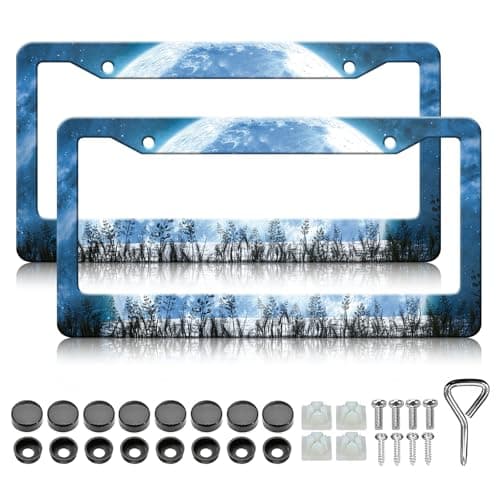 Moon License Plate Frame - 2PCS Moon Blue Sky Aluminium Metal License Plate Holder, Rust-Proof Waterproof Car Decorative Tag Frames