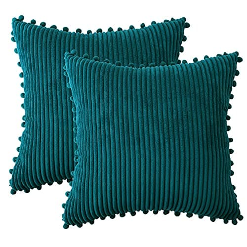 sykting Teal Throw Pillow Covers 18x18 inch Soft Striped Decorative Boho Farmhouse Pillow Covers with Pom Poms for Couch Sofa Bed Outdoor Pack of 2