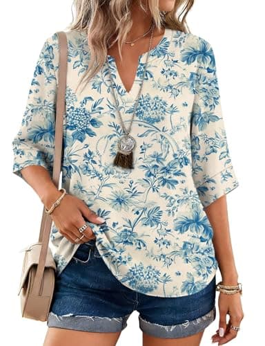 LOMON 3/4 Length Sleeve Womens Tops Business Casual 2025 Trendy Work Bell Sleeve Blouses Cute Tunic Maternity Blue & Beige Floral XXL