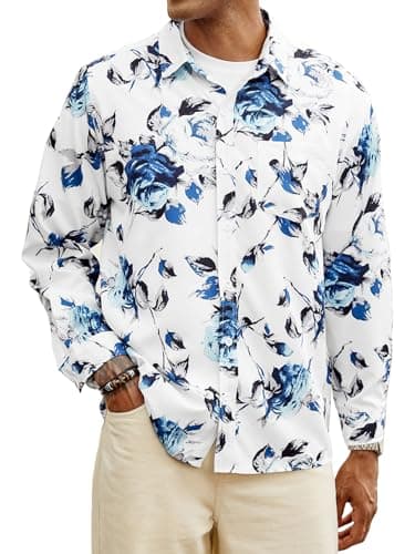 Hardaddy Men's Tropical Floral Button Down Long Sleeve Hawaiian Shirt Flower Printed Beach Shirts White 3XL