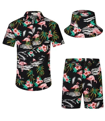 EISHOPEER Men's Flamingo Hawaiian Shirt and Short 2 Piece Outfits Sets with Bucket Hats Small