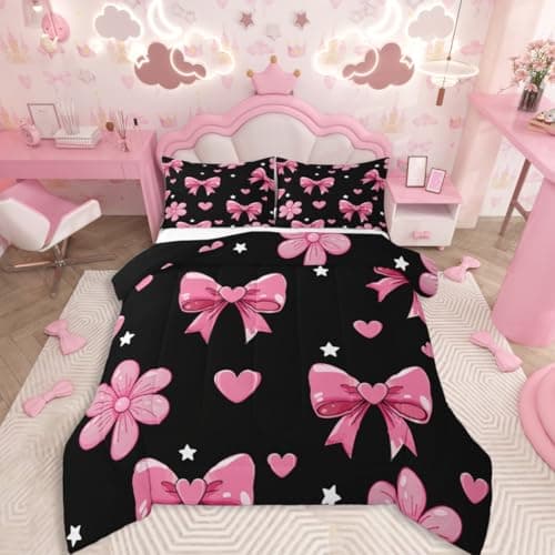 jejeloiu Bowknot Comforter Set All Season Black Pink Bedding Set with 2 Pillow Cases Pink Bow Microfiber Kids Full Bedclothes Colourful Bowknot Bedroom Decor Duvet Quilt Breathable