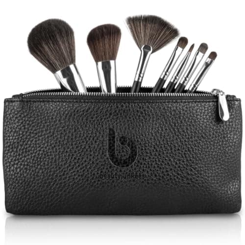 Small Makeup Brush Case PU Leather Travel Cosmetic Bag for Women, Black