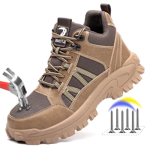 FUDYNMALC Steel Toe Boots for Men: Comfortable Breathable Safety Work Shoes Non-Slip Puncture Resistant for Industrial Construction Warehouses, Brown, Size 6