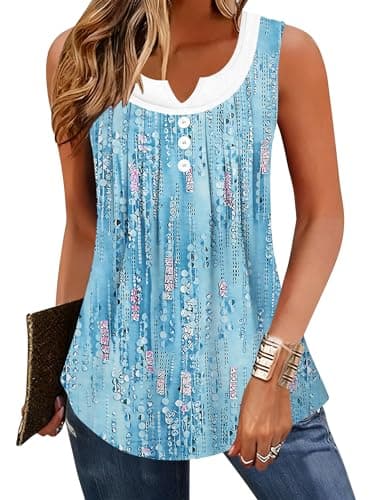 Disamer Tank Tops for Women Loose Fit Sleeveless Summer Tops Trendy T Shirts Spring 2026 Patchwork Tunic Tops Blouse Tee,Dewdrop Blue,Small