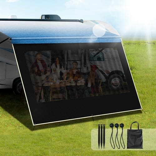 Xenjum RV Awning Sun Shade Screen, 90% UV Blocking Mesh & 600D Waterproof Oxford Fabric, Retractable RV Shade Screen for Campers, Trailers, Motorhomes (No Curtain, 8'X13'3'' for 14 ft Awning)