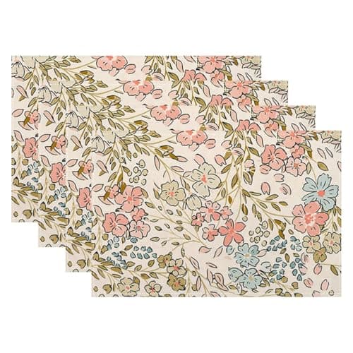 Pink Green Floral Placemats 12x18 Inch Set of 4, Cute Flower Pattern Table Place Mat Wildflowers Watercolor Washable Table Mats Decorative Linen Fabric Table Mat for Dining Table