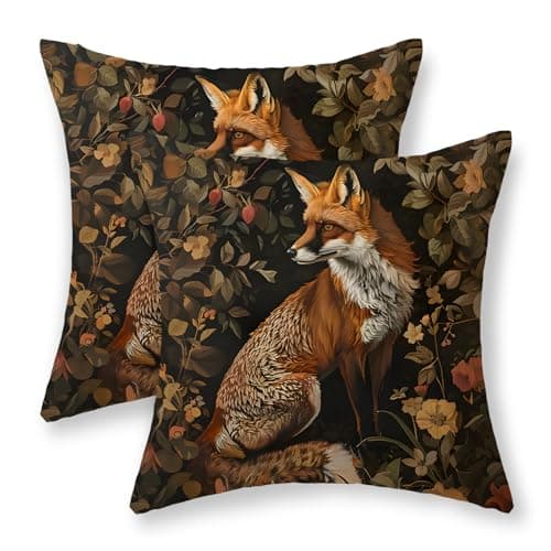 JEFERSO Fox Pillow Covers 18x18 Inch Set of 2 William Morris Throw Pillows Vintage Green Floral Pillow Cases Outdoor Boho Decor Farmhouse Dark Forest Plants Linen Cushion Case for Sofa Living Room