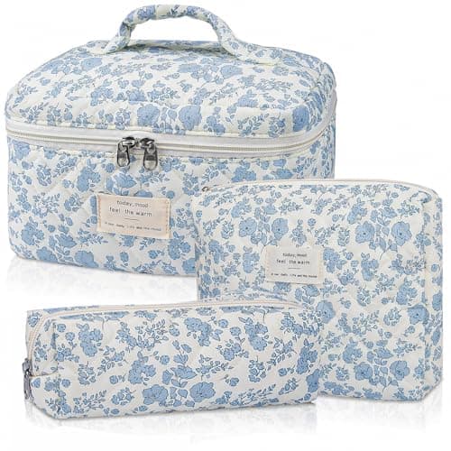 Teiniuby 3 Pcs Floral Makeup Bag for Women, Large Quilted Cosmetic Bag