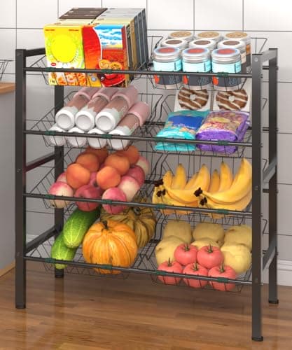 Tigerden 4-Tier Kitchen Storage Rack, Metal Pantry Storage Stand, Fruit Basket Stand with 8 Fruit Vegetable Baskets, Freestanding Snack Organizer Shelf Unit for Living Room, Office, Apartment, Black