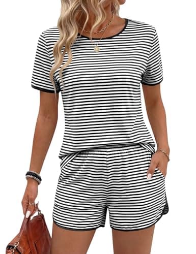Rapbin Ladies Pajamas Sets Summer Short Sleeve 2 Piece for Women Crew Neck Split Lounge Set Daily Sleepwear Pjs (Light Gray White Stripe, XL)