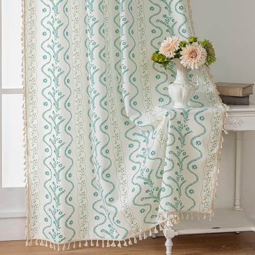 TIVNICO Boho Curtains 72 Inch Long for Living Room, Bedroom,Sky Blue on White 2 Panels Floral Farmhouse Vintage Tassel Semi Sheer Light Filtering Privacy Window Curtain Drapes with Rod Pocket