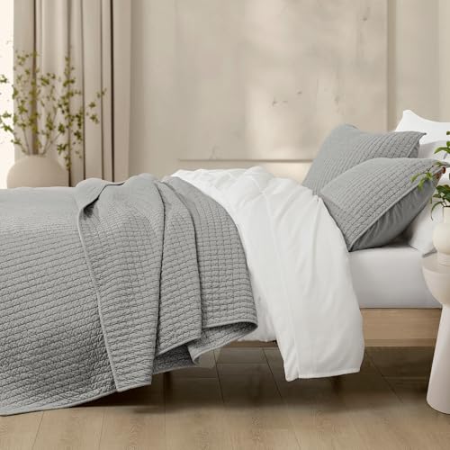 Wonderful 100% Cotton Jersey Knit Quilt Set - Breathable & Hypoallergenic Lightweight Grey Quilt King, 3 Piece Rice Stitched All-Season Use Blanket Bedspread & Coverlet Bedding Set, 104"x94"