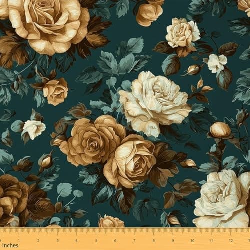 Erosebridal Glowing Floral Flannel Fabric by The Yard Vintage Dark Green Upholstery Fabric Retro Blossom Flowers Decors Spring Garden Floral DIY Art,2 Yards