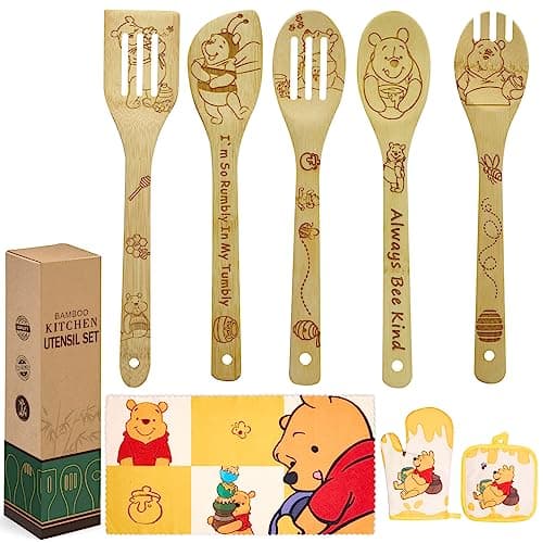 Birthday Gifts for Women, Cute Bear Bee Kitchen Cooking Utensils Set with Wooden Cooking Spoons Bamboo, Oven Mitt Potholder Dish Towels Set Great Christmas Gift Idea for Mom