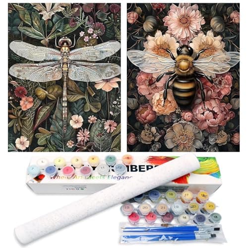 Mandun 2 Pack Paint by Numbers Kit for Adults, Dragonfly Bee Paint by Numbers for Adults, DIY Adult Painting by Numbers Beginners on Canvas Acrylic for Home Wall Art Decor 12x16Inch (Rolled Package)
