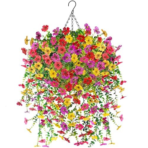 Der Rose Artificial Hanging Flower Basket for Outdoors Fake Hanging Flowers Plants with 4 Faux Silk Trailing Vines for Porch Patio Balcony Spring Decor