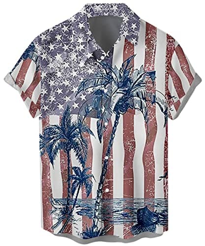 CURBODO Bowling Shirts for Men Retro Short Sleeve Button Down Shirt Hawaiian Casual Printed Beach Shirt Hawaii US Flag M