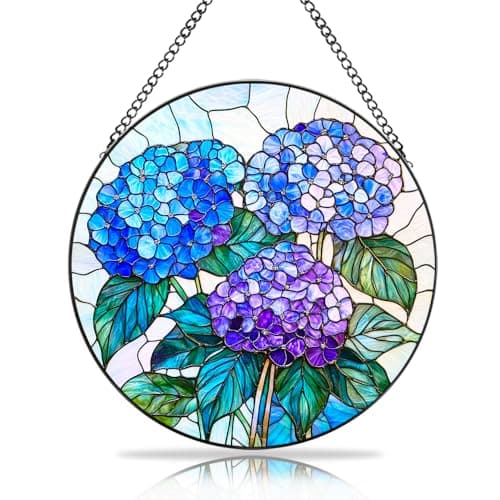 GLACIAURA Handmade Hydrangea Flower Stained Glass Suncatcher - Vibrant Window Décor for Home/Garden,Gift-Ready Sun Catcher Art with Hook (Blue, 6.3 * 6.3IN)