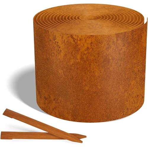 Worth Galvanized Steel Landscape Edging Roll, Flexible Metal Garden Border Fence with 8 Stakes for Lawn, Flower Bed, Yard, 4.5 Inch x 25 Foot, Rust