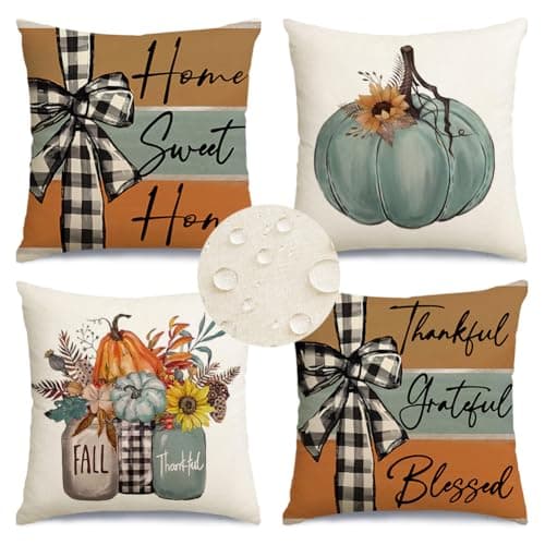 RABUSOFA Fall Outdoor Pillows Waterproof 18x18 Inch Set of 4 Thanksgiving Decorations for Autumn Home Sweet Home Thankful Grateful Blessed Pumpkin Decorative Throw Pillowcases for Patio Couch