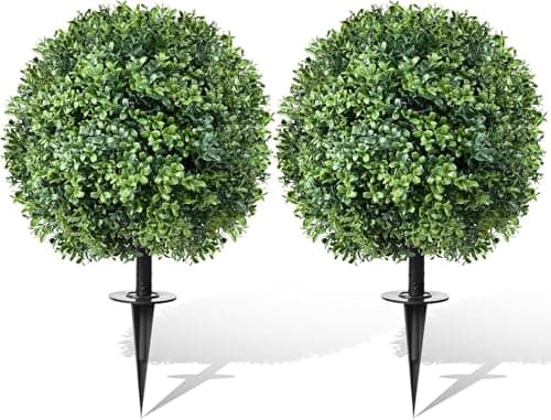 Artificial Topiary Bushes for Outdoors with Spike, Boxwood Ball Fake Shrubs UV Resistant Faux Plants for Indoor Outdoor Fall Thanksgiving Halloween Decor (Artificial Topiary Boxwood Ball Tree)
