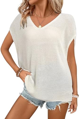 Arach&Cloz 2025 Women Summer Sweaters Vest Crochet Tops Plus Size Trendy Oversized Boho Short Sleeve Fashion Vacation Outfits Clothes Country Concert Outfits Resort Wear Beige