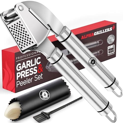 Alpha Grillers Garlic Press Stainless Steel - Easy to Clean, Rust-Proof, Dishwasher Safe - Stainless Steel Garlic Press, Mincer, Crusher with Silicone Peeler & Cleaning Brush