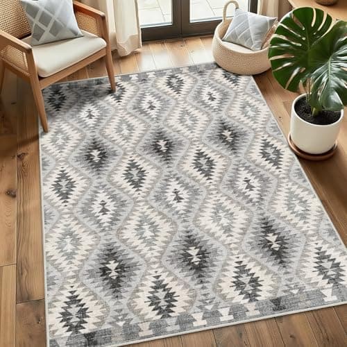 YesRug 3x5 Rug for Living Room, Washable Gray Area Rug, Boho Moroccan Geometric Trellis with Vibrant Hues Non Slip Rug for Large Kitchen, Bedroom Bedside, Entryway, Low Pile Ultra Soft Small Carpet