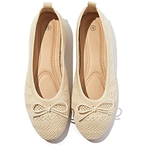 Shupua Women's Flats Shoes Dress Shoes Round Toe Ballet Flats Comfortable Crochet Lace Black Flats Low Heel(Apricot.us11)