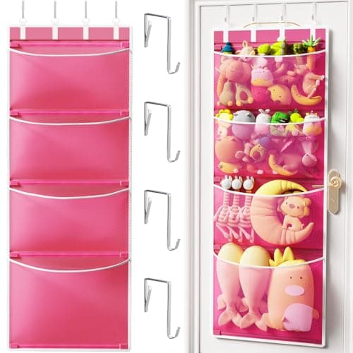 Criusia Over the Door Hanging Organizer, Extra-Large Door Storage Organizer with 4 Deep Mesh Pockets, Space-Saving Hanging Storage for Bedroom & Home Organization, Pink