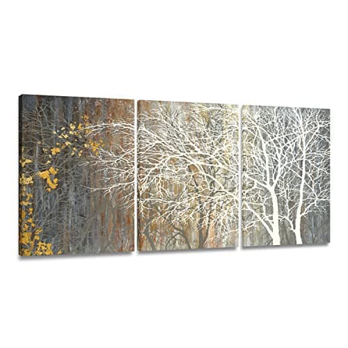 Yihui Arts Brown Canvas Wall Art - Tree Couples Paintings with Gold Foil - 3 Panels Abstract Forest Pictures for Farmhouse Bedroom Bathroom Living Room Decor