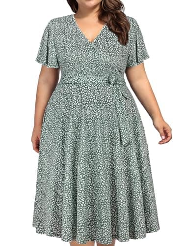 kissmay Beach Dresses for Women 2025 Vacation, Flower Dresses Plus Pleated Aline Dress with Sleeves Teal Summer Trending Dresses that Hide Belly Bulge Sage Green 24W