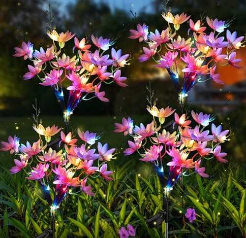 Neporal Solar Flowers Outdoor Waterproof IP65, 5-Head Snow Lotus with 20+ Flowers, 4-Color Light & 2 Lighting Modes, Decorative Solar Lights Outdoor Garden, Yard, Pathway, Flower Bed (4-Pack, Pink)
