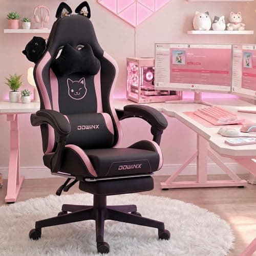Dowinx Pink Gaming Chair with Cat Ears and Massage Lumbar Support, Ergonomic Computer Chair with Footrest and Headrest, Comfortable Reclining Game Chair 290lbs for Adults, Black