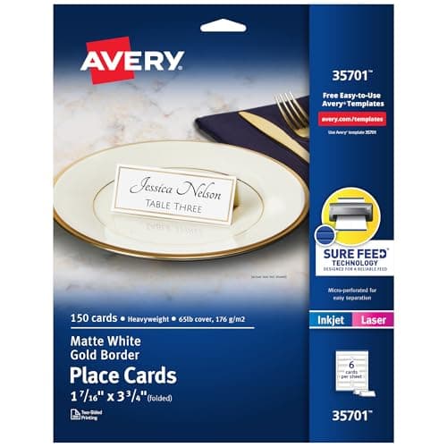 Avery Printable Place Cards with Sure Feed Technology, 1-7/16" x 3-3/4", White with Gold Border, 150 Blank Tent Cards for Laser or Inkjet Printers (35701)