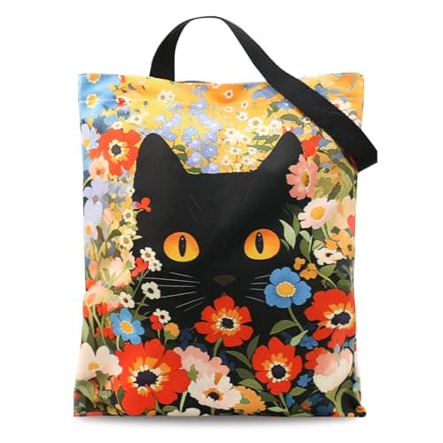 Flower Black Cat Canvas Tote Bag for Women with Inner Zipper and Pocket