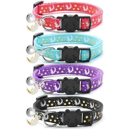 LAFAYI 4 PCS Breakaway Cat Collars with Bell Moons Stars,Kitten Collar and Adjustable with Pendant Glow,Cute Kitty Collar for Girl Boy Cats,Pet Gifts,Accessories(4 Colors)