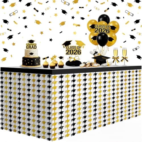 Chumia 2 Pack Graduation Party Decorations 2026 118 x 39 Inch Black and Gold Graduation Cap Metallic Foil Fringe Table Skirts Streamer for Rectangle and Round Table for Class Prom and Grad Party Decor