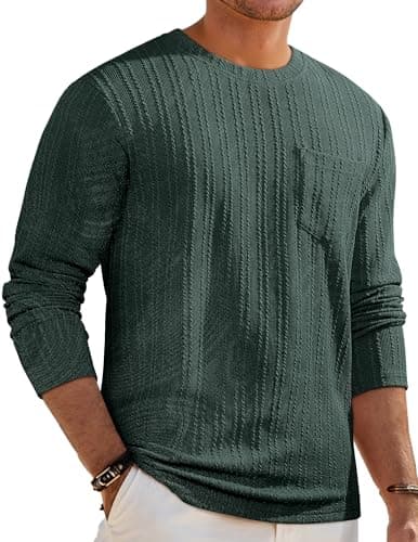 JMIERR Men's Long Sleeve Shirts Casual Crewneck Pullover T-Shirt Stretch Textured Knit Tee with Pocket, Green 2XL
