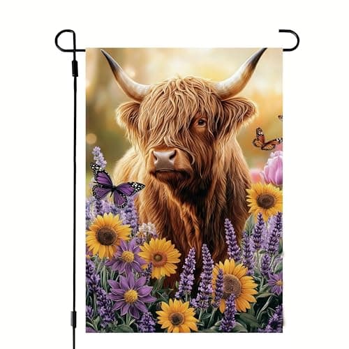 Spring Summer Garden Flag 12x18 Double Sided, Small Burlap Highland Cow Butterfly Lavender Sunflowers Yard Flags Outdoor Spring Summer Decorations for Home Porch Outside